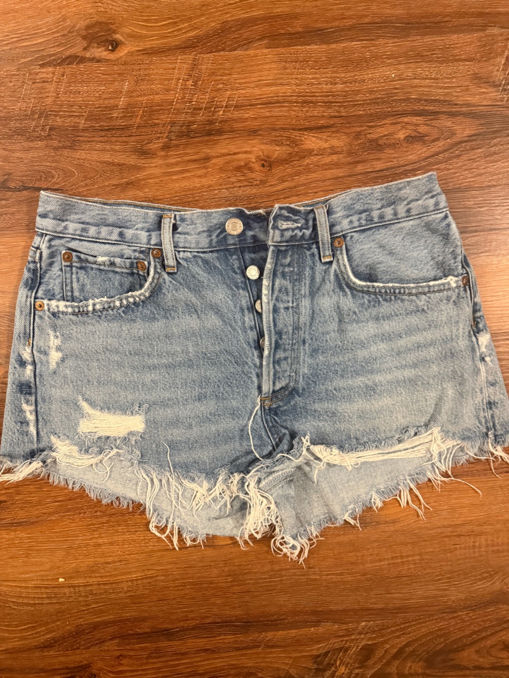 AGOLDE Light Blue Distressed High-Rise Denim Shorts
